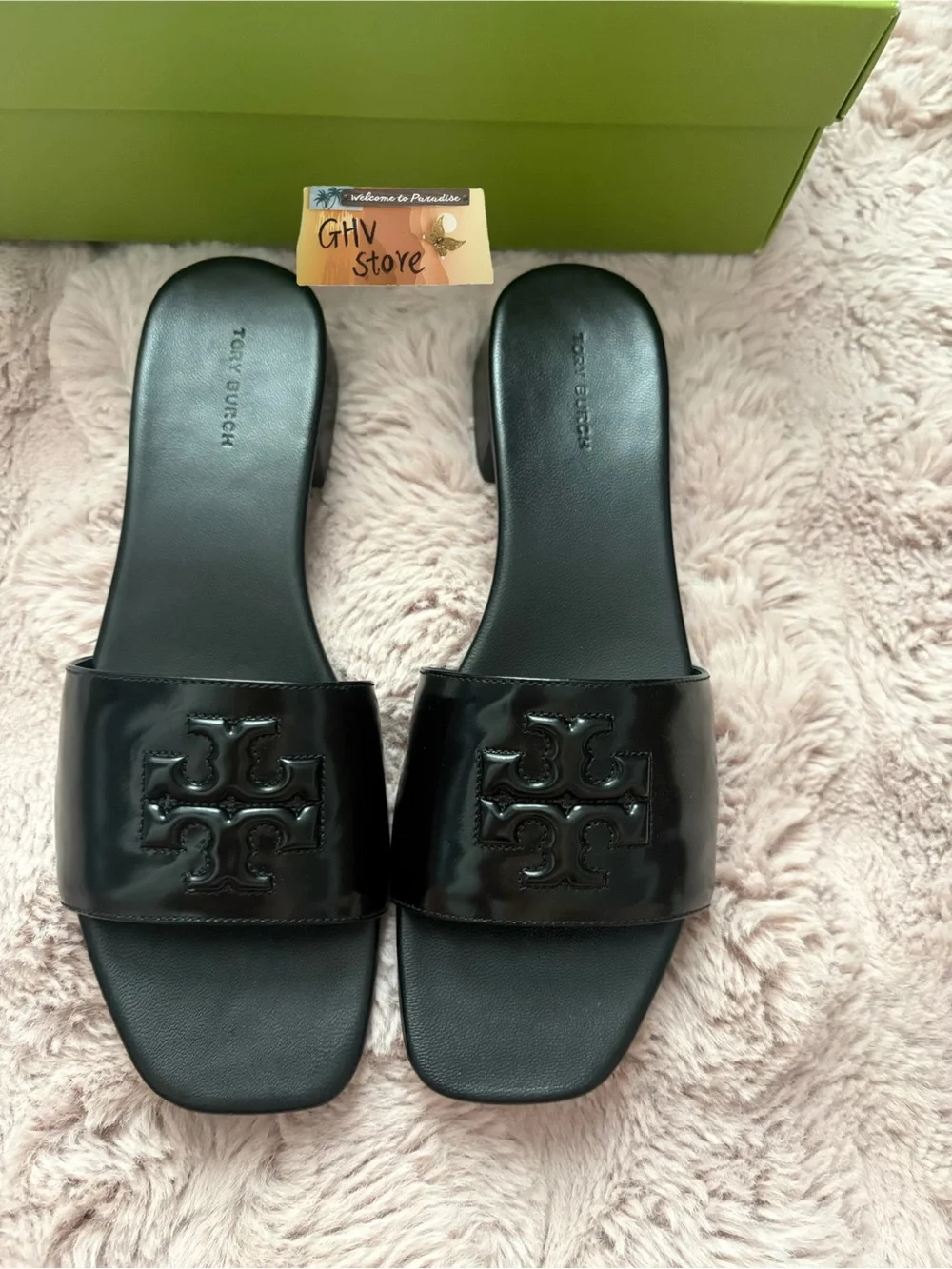 Tory Burch Black Patent Logo Slide Mules